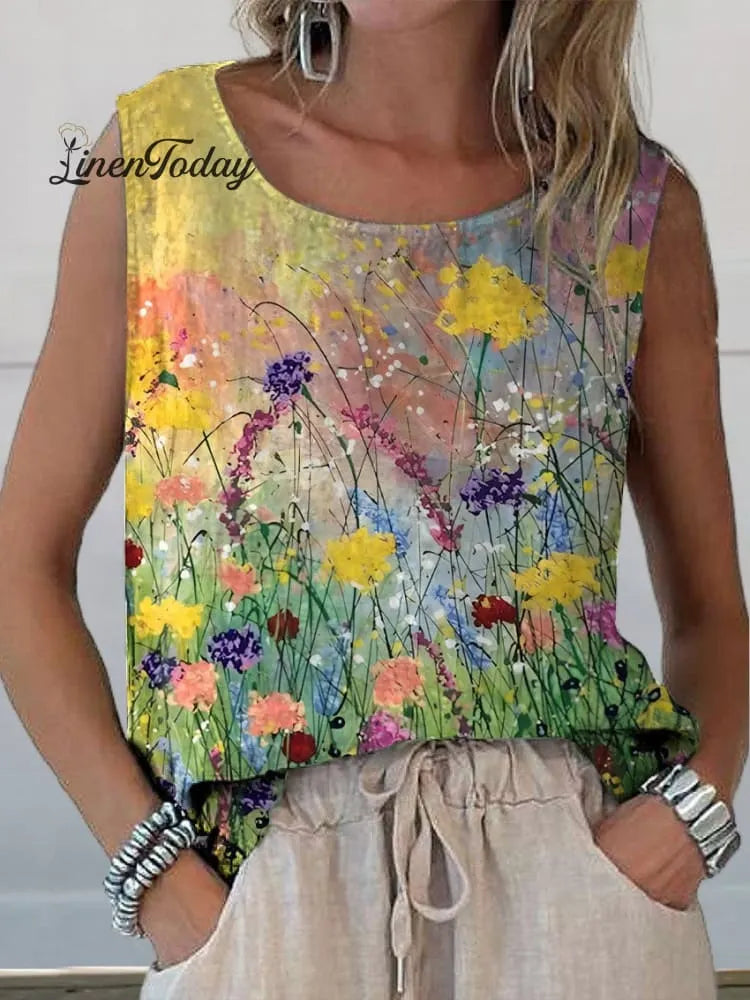 Women's Retro Elegant Floral Art Print Casual Cotton And Linen Tank Top