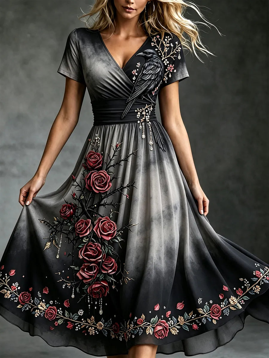 Women's Vintage Raven Floral Print V-Neck Casual Dress