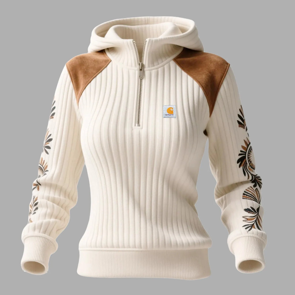 Women's Retro Ethnic Style Half-zip Hooded Sweatshirt And Trousers Set, Made Of Vertical Striped Color-blocked Suede Mat
