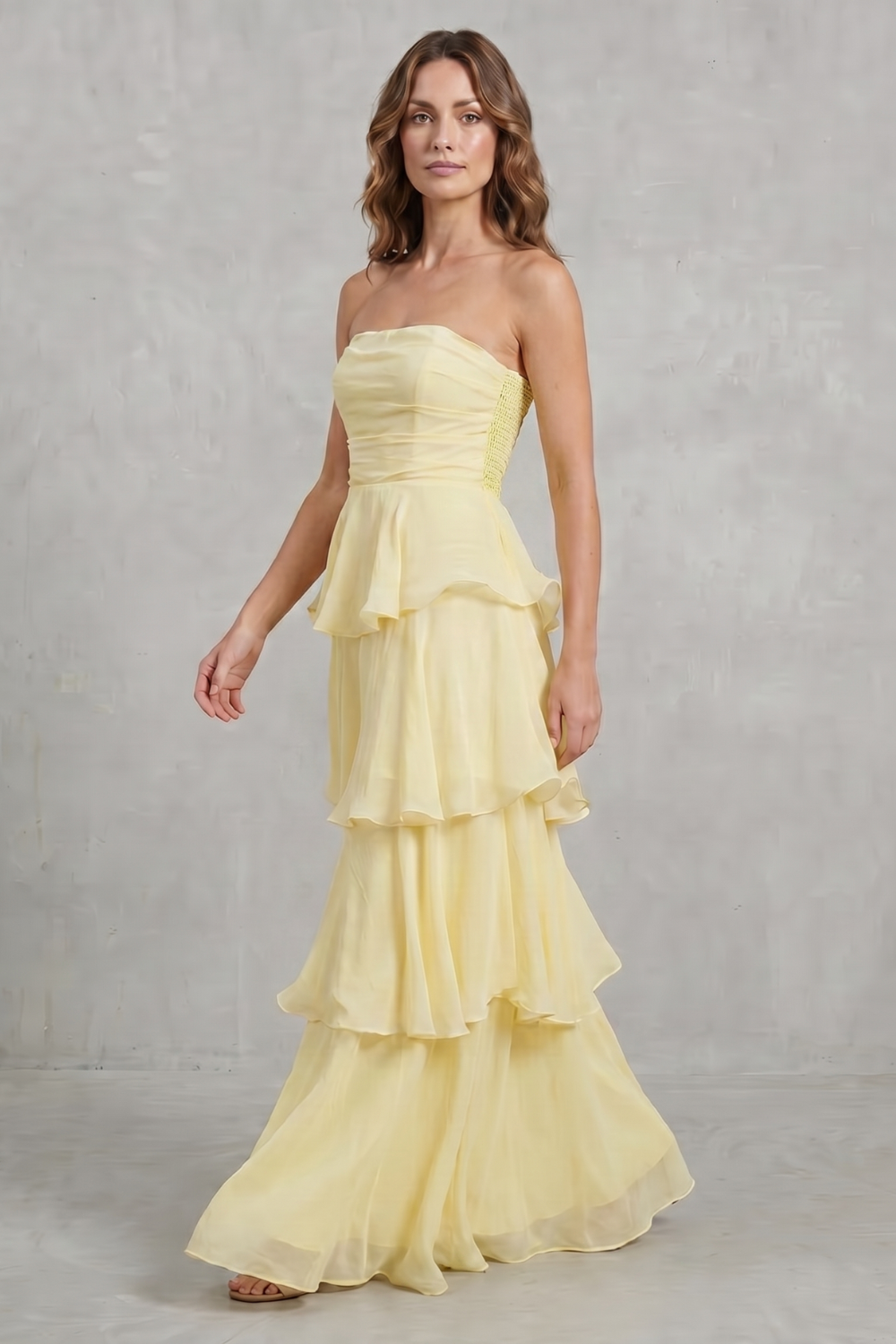 Soft cascading layers – Strapless tiered maxi dress