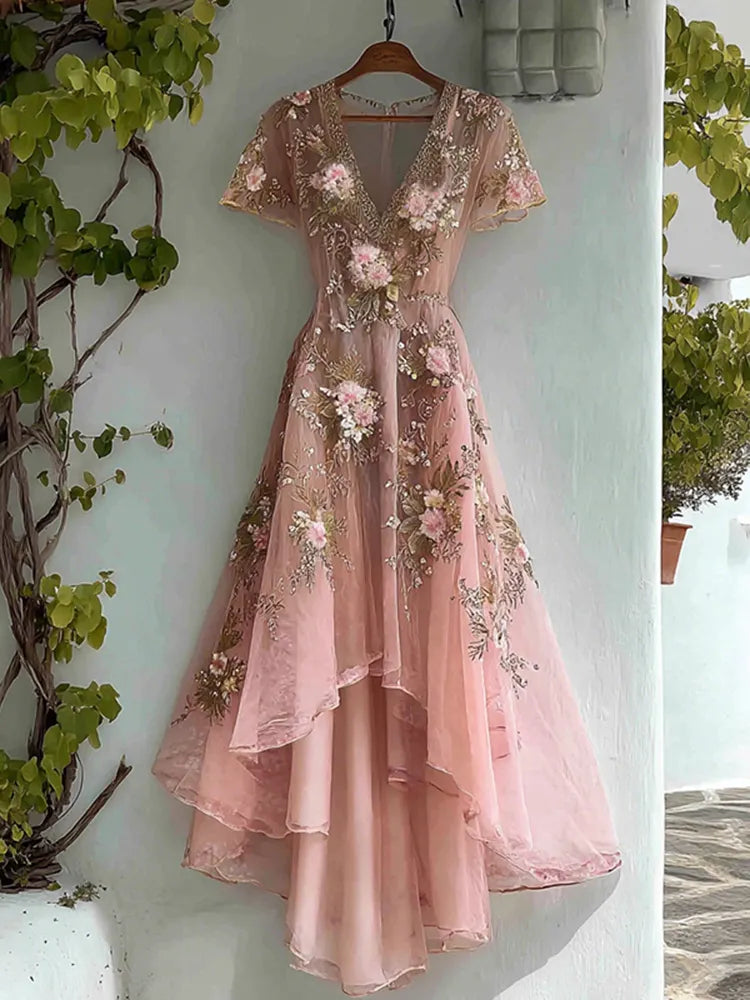 Women's Vintage Floral Art Flowy Linen Blend V Neck Maxi Dress