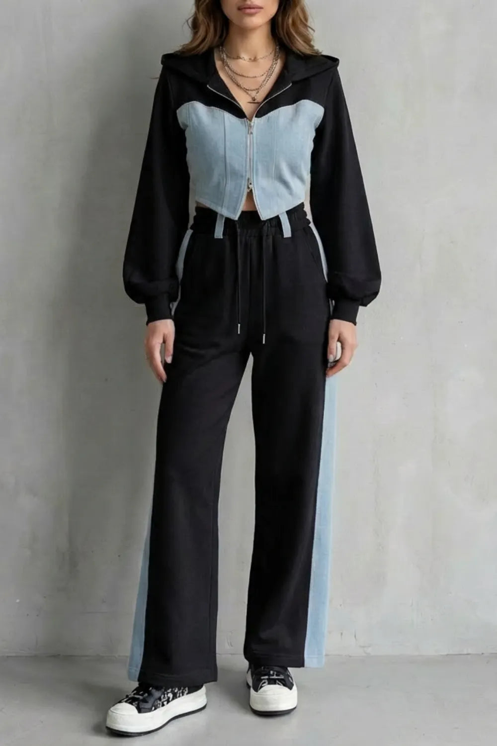 Denim Splice – Two-Piece Hoodie & Sweatpant Set