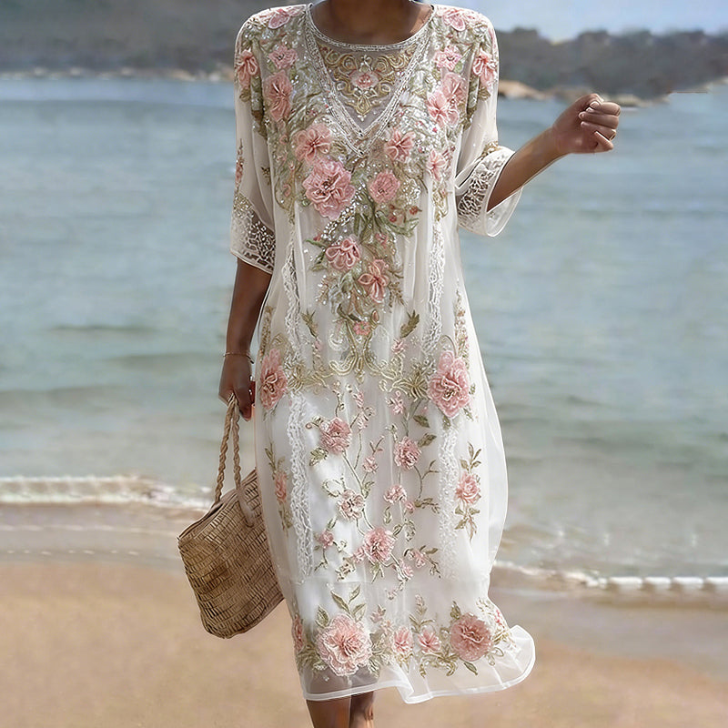 Women's Pink Flower Embroidery Art Midi Dress