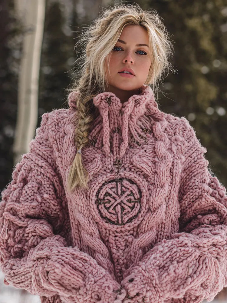 Women's Viking Celtic Knot Rune Knit Jacquard Warm Turtleneck Sweater