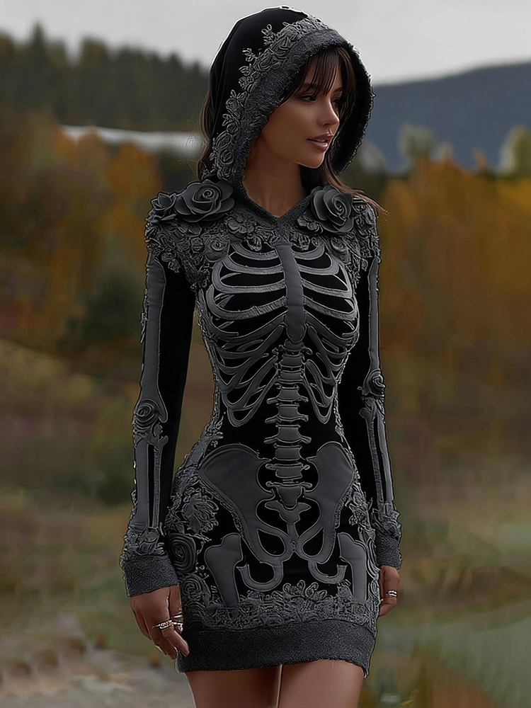 Women's Vintage Halloween Skeleton Bones With Rose Art Cozy Knit Hooded Sweater Dress