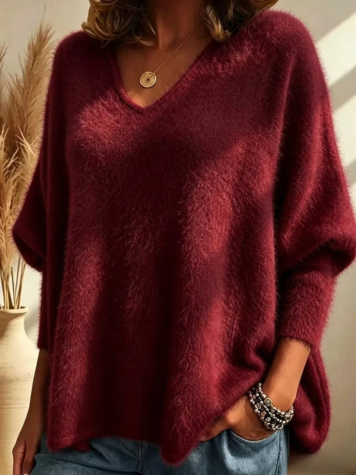 Oversized Fuzzy Mohair‐Style V‐Neck Sweater, Women Batwing Loose Soft Knit Pullover