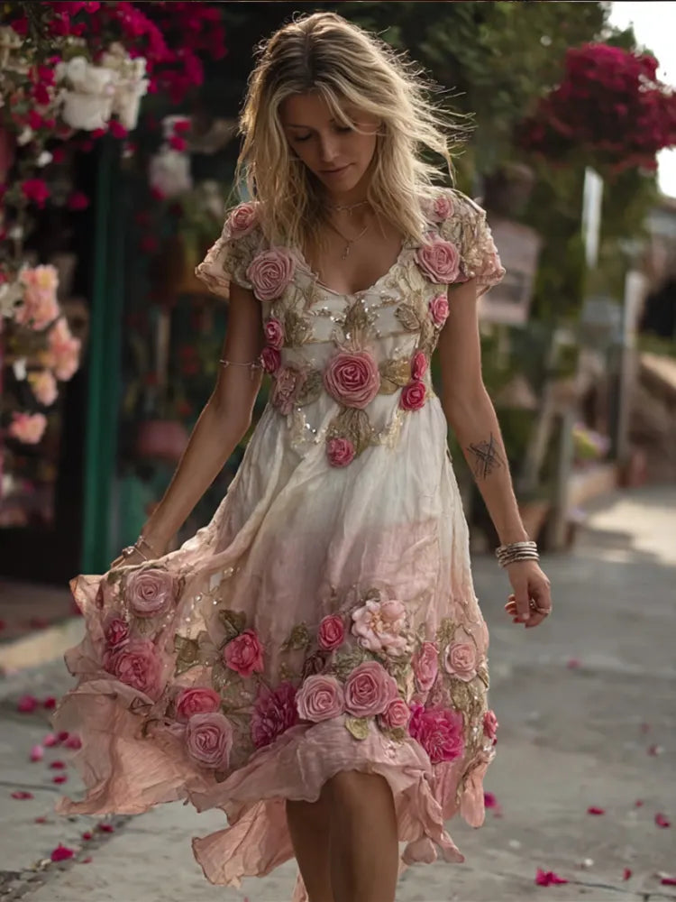 Bohemian Style Pink Rose Youth V-neck Vintage Short Skirt