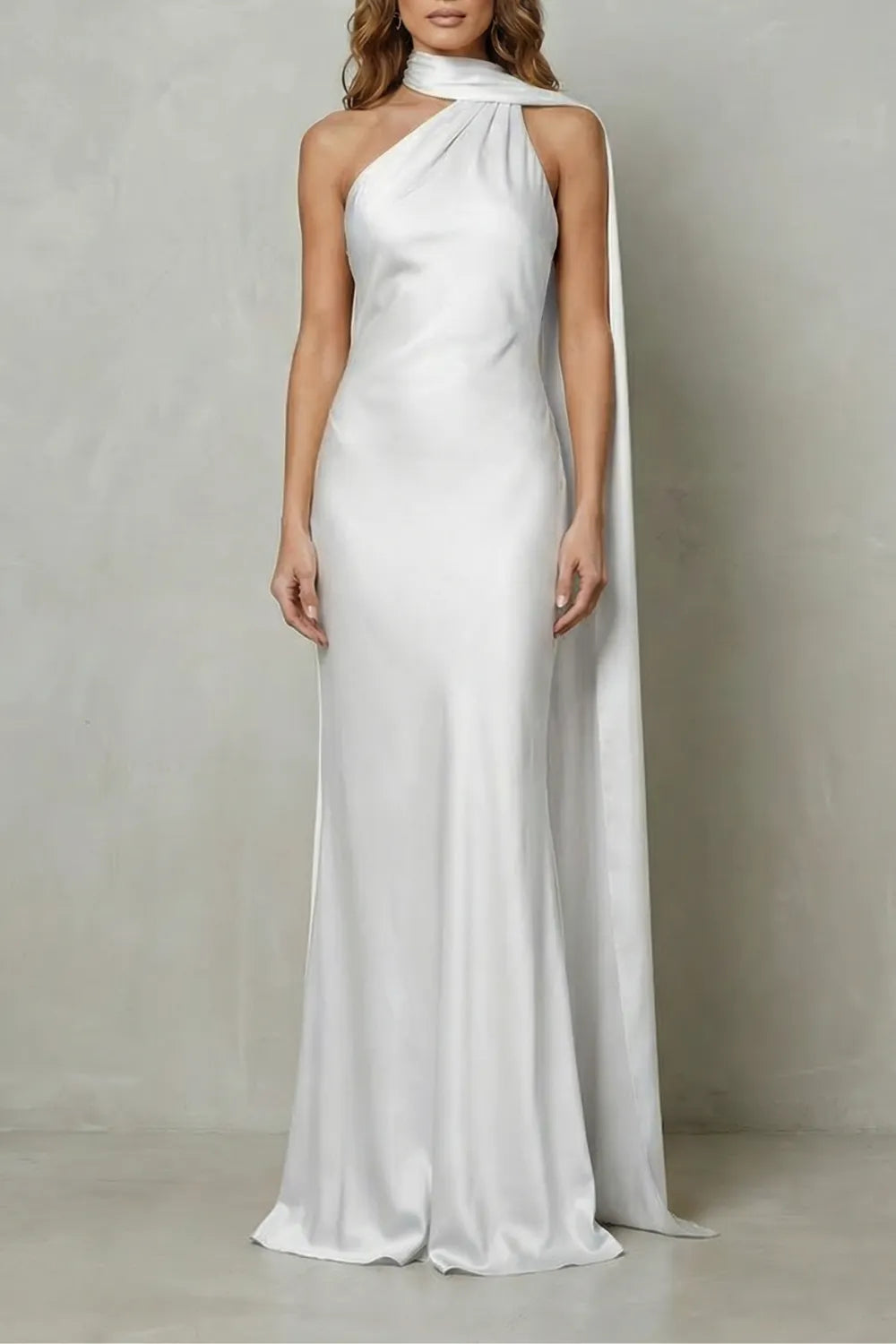 Draped neckline cascade – Satin mermaid gown