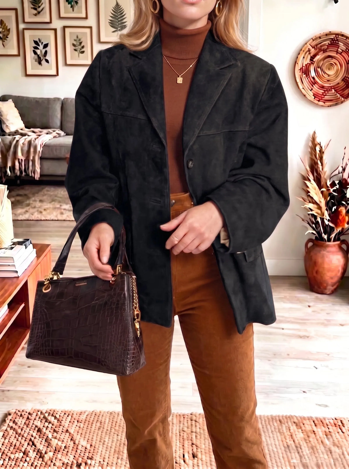 Vintage Suede Lapel Single‐Breasted Blazer Jacket Women Casual Coat
