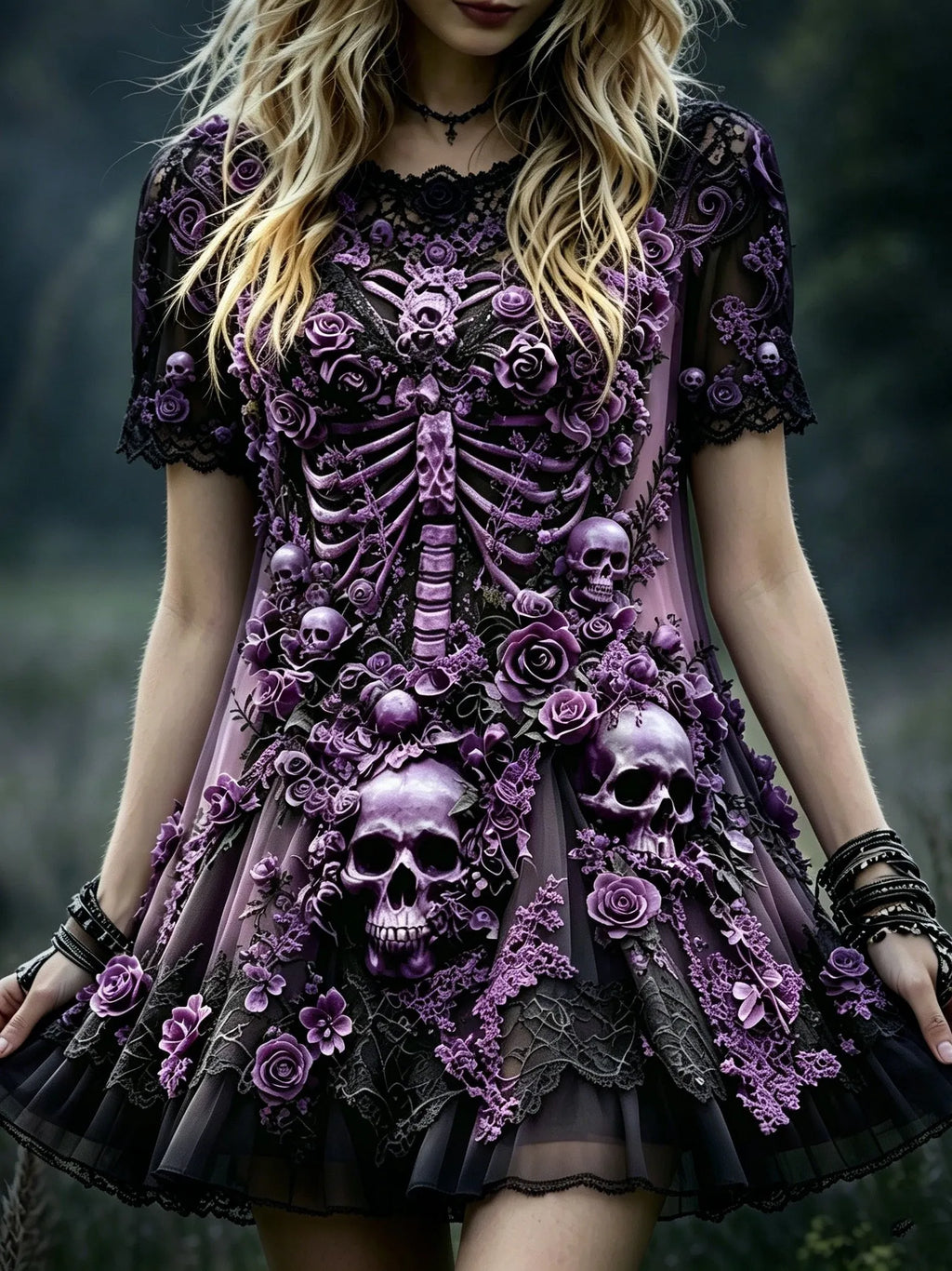 Women's Bohemian Halloween Dress With Skull, Skeleton, Rose, And Lace Print