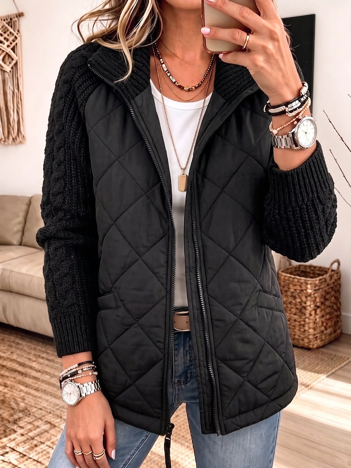 Women Quilted Knit Splice Zip‐Up Jacket, Stand Collar Mixed Media Casual Outerwear With Pockets