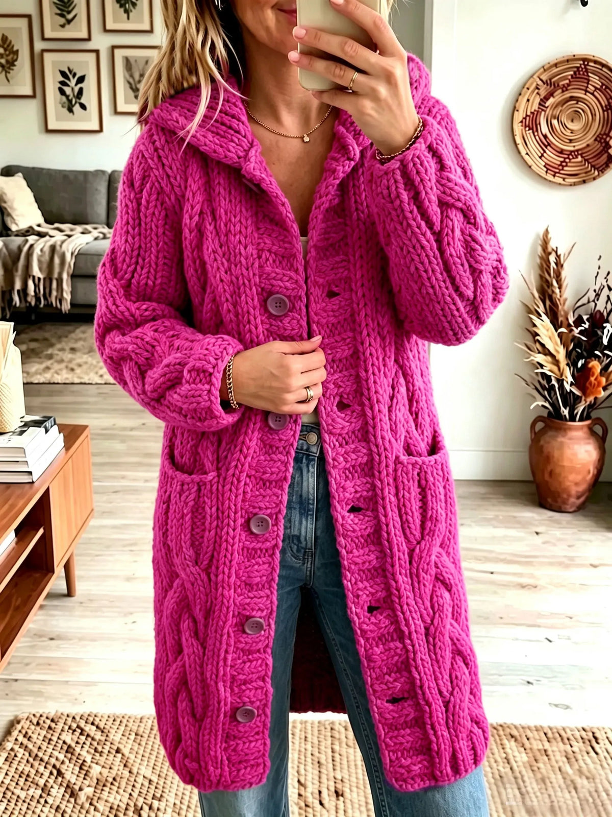 Women Lapel Chunky Cable Knit Cardigan Button‐Front Mid‐Length Sweater Coat