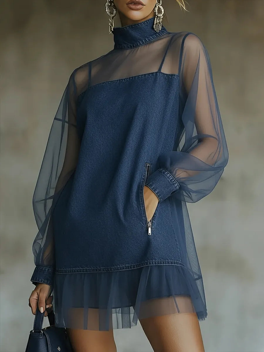 Fashionable Patchwork Organza Denim Mini Dress