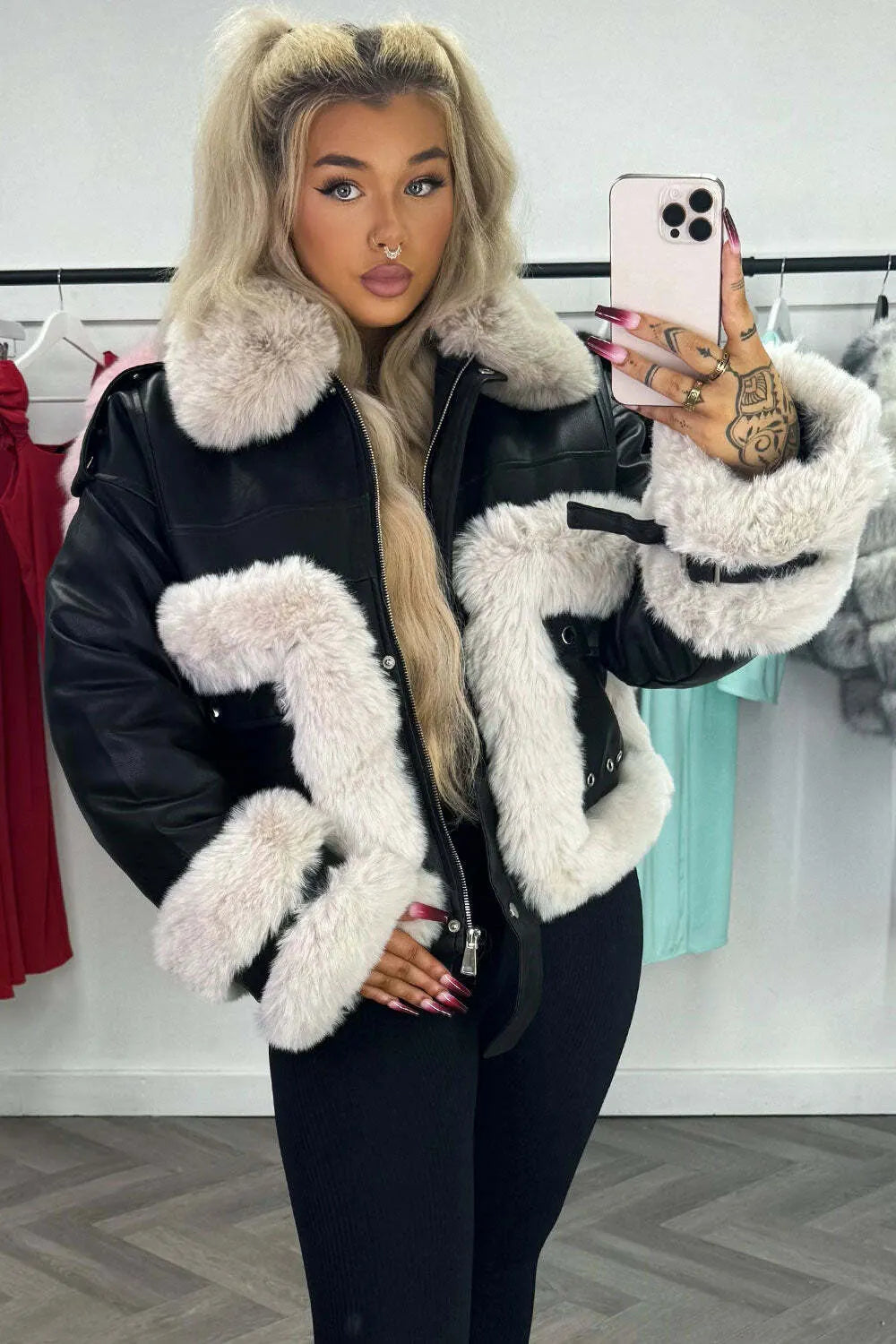 Faux Fur Trim Faux Leather Jacket Black