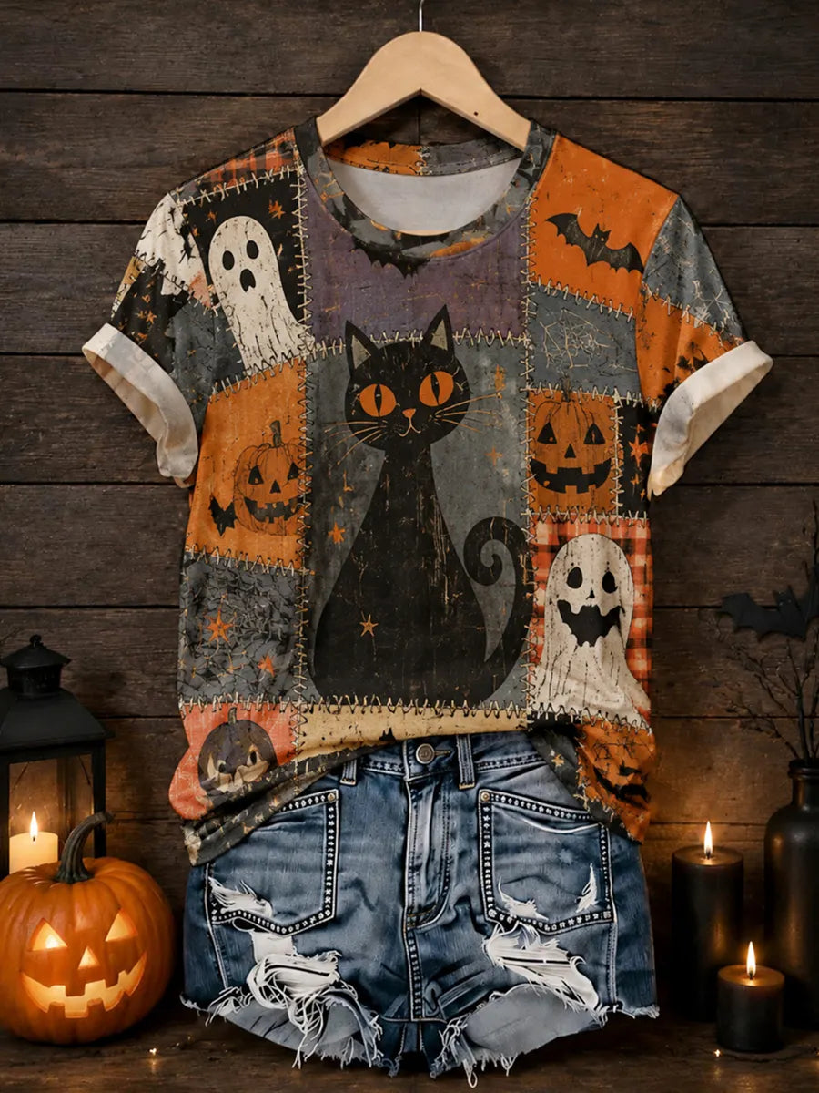 Women's Halloween Cat Print Casual T-Shirt