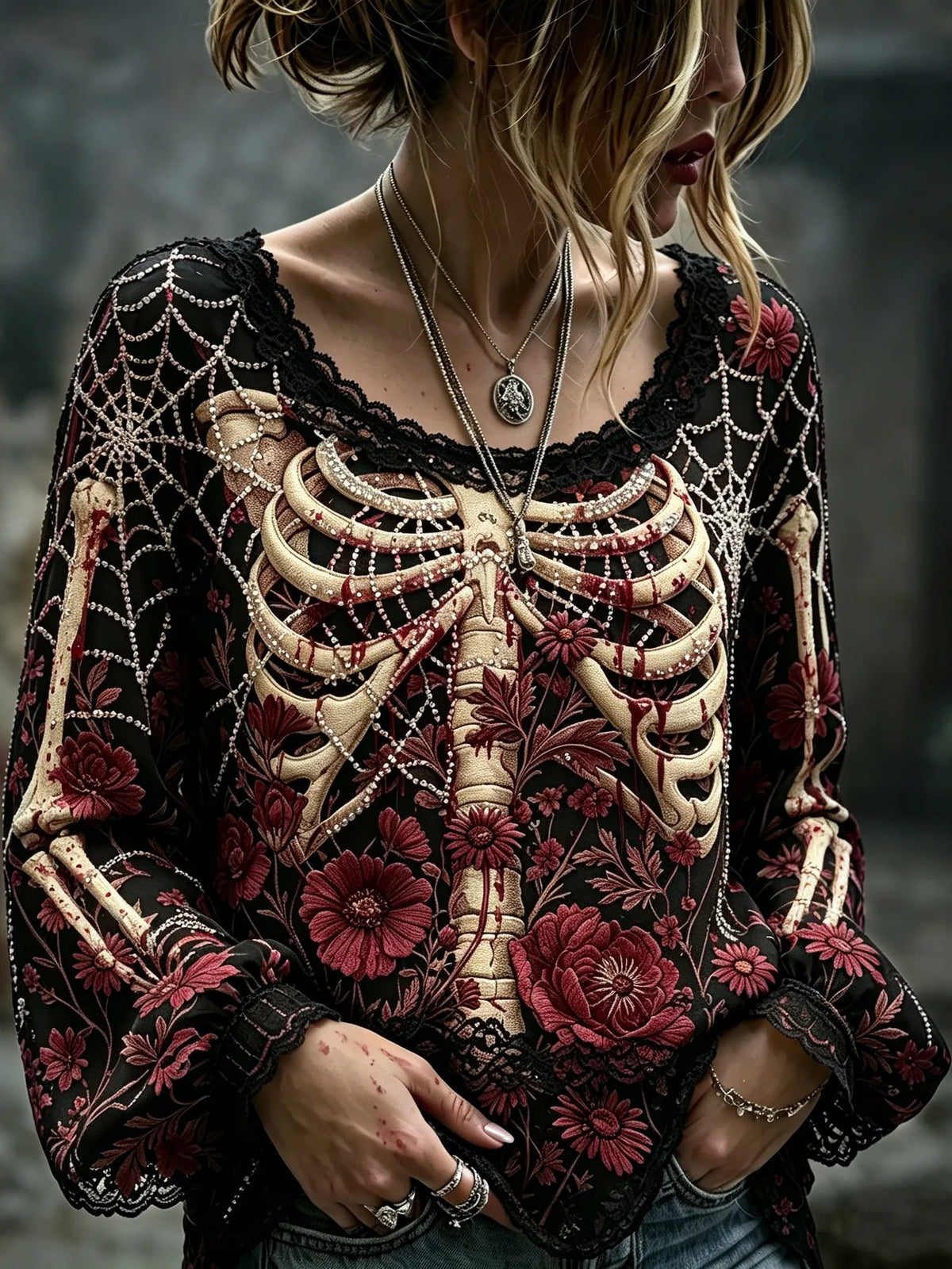 Women's Halloween Rose, Skeleton, And Spider Web Print Top