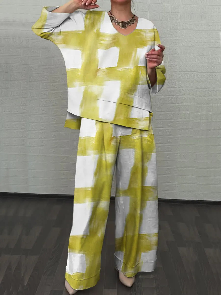 Women's Brushstroke Print Cotton and Linen Top and Pants Two-Piece Set