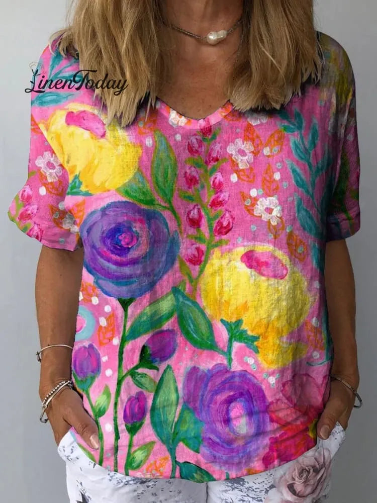 Bright Flower Print Women's Print Casual Cotton And Linen Shirt