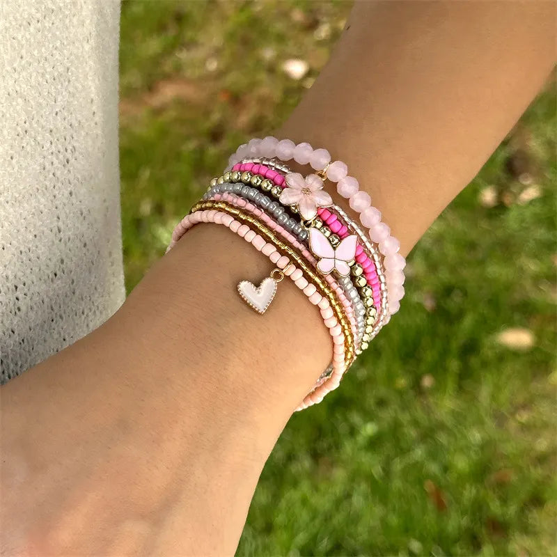 Bohemian 9-piece Butterfly, Flower And Heart Beaded Bracelet