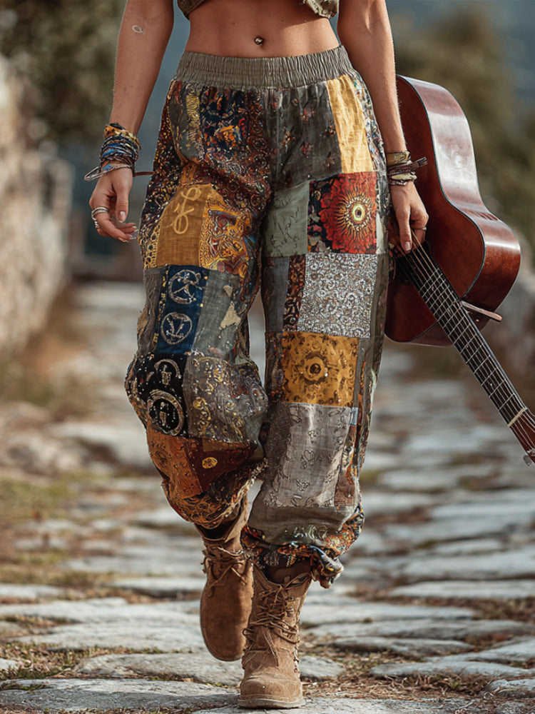 Women's Retro Hippie Style Music Symbol Print Patchwork Elastic Waist Pants
