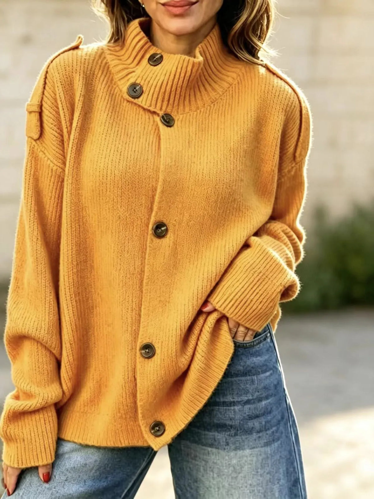 Stand Collar Button‐Down Shoulder Detail Knit Cardigan