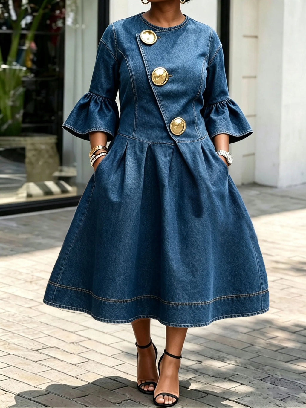 Women Diagonal Gold Buttons Denim Midi Dress Flared 3/4 Sleeve A‐Line Pleated Dress With Pockets