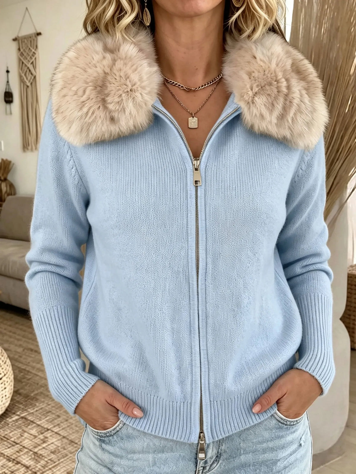 Faux Fur Collar Zip‐Up Knit Cardigan, Women Long Sleeve Pocket Sweater Jacket