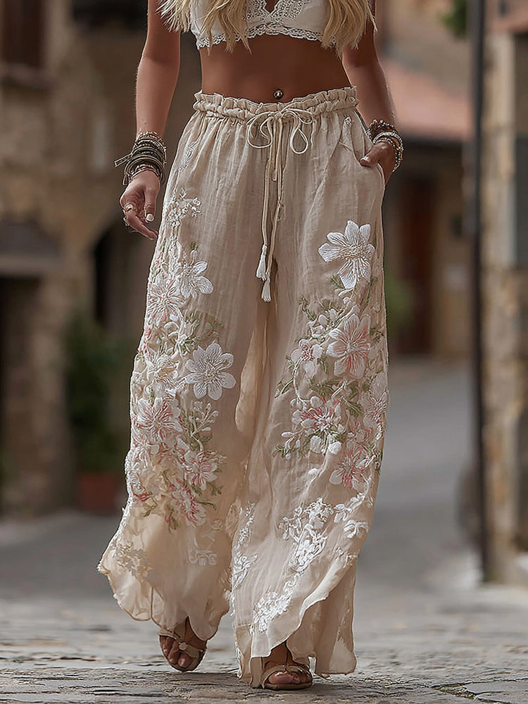 Women's Retro Floral Lace Art Pocket Linen Casual Pants