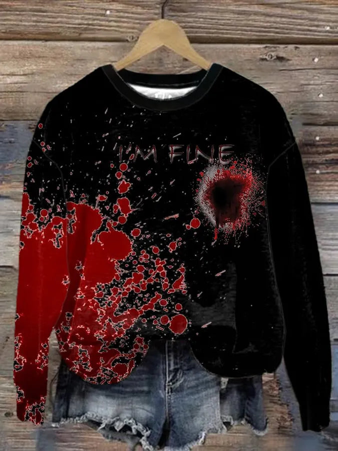 Women's Blood Stains I'M Fine Print Long Sleeve Sweatshirt