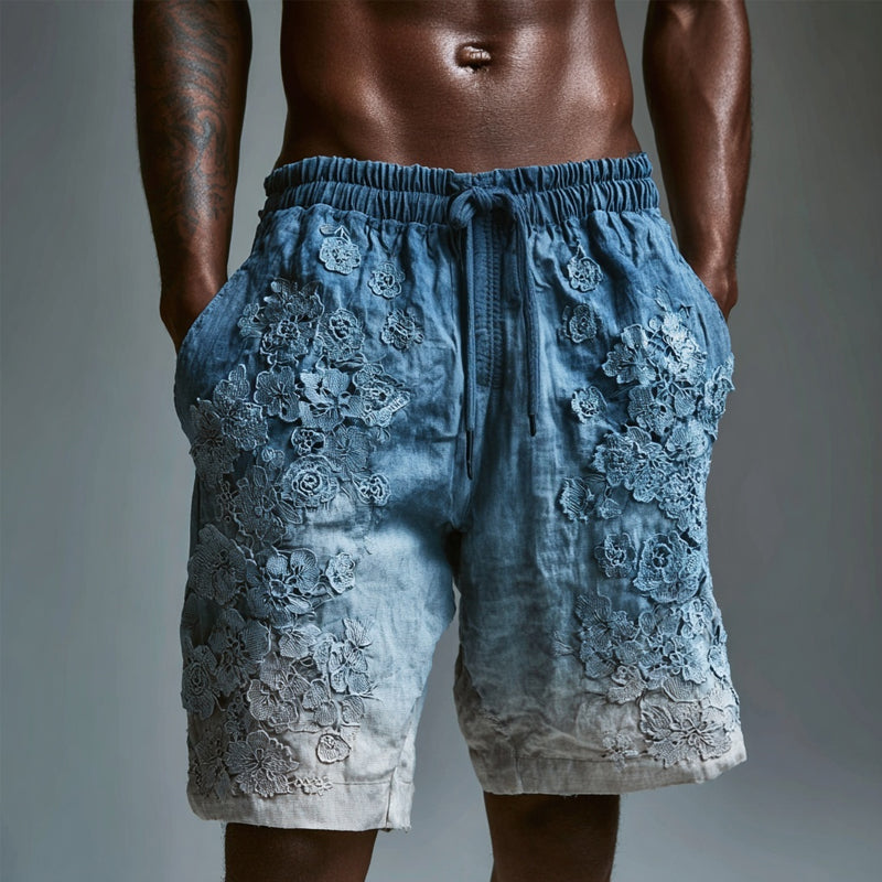 Men's Lace Flowers Embroidered Gradient Linen Shorts