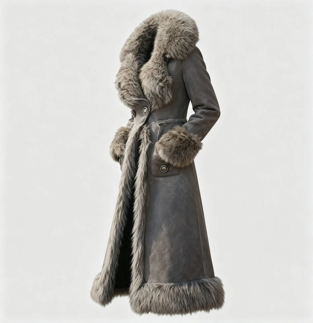 Women's Retro Western Style Suede Long Coat Fur Collar Lapel Jacket