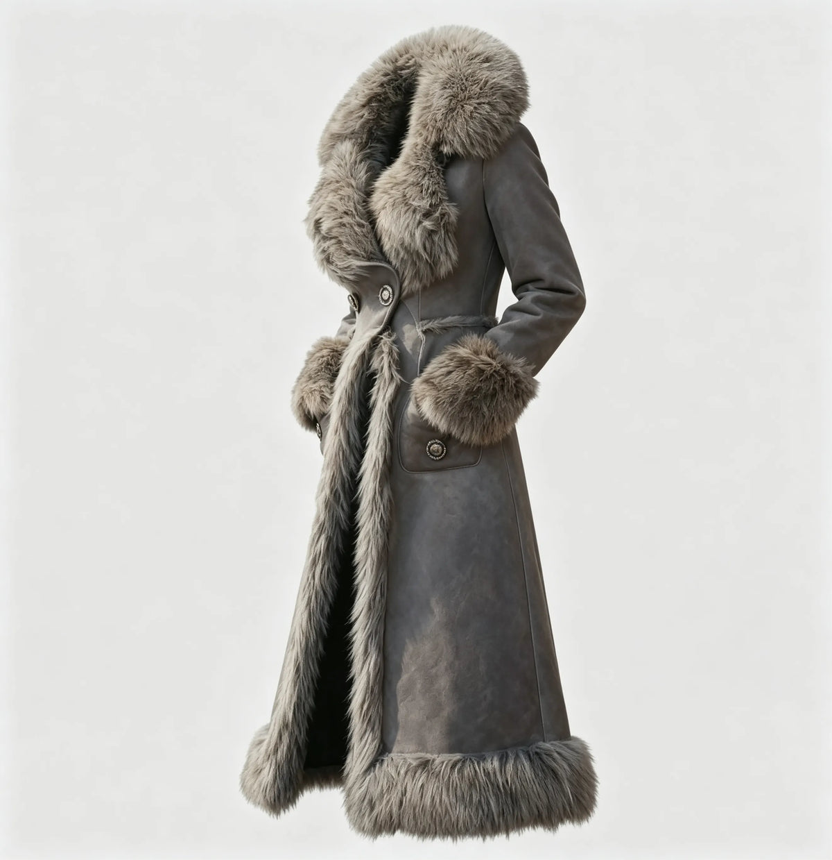 Women's Retro Western Style Suede Long Coat Fur Collar Lapel Jacket