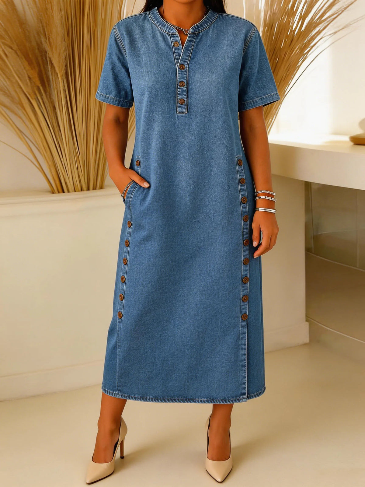 Women's Casual Short-sleeve Stand Collar Button-up Cotton Denim Dress