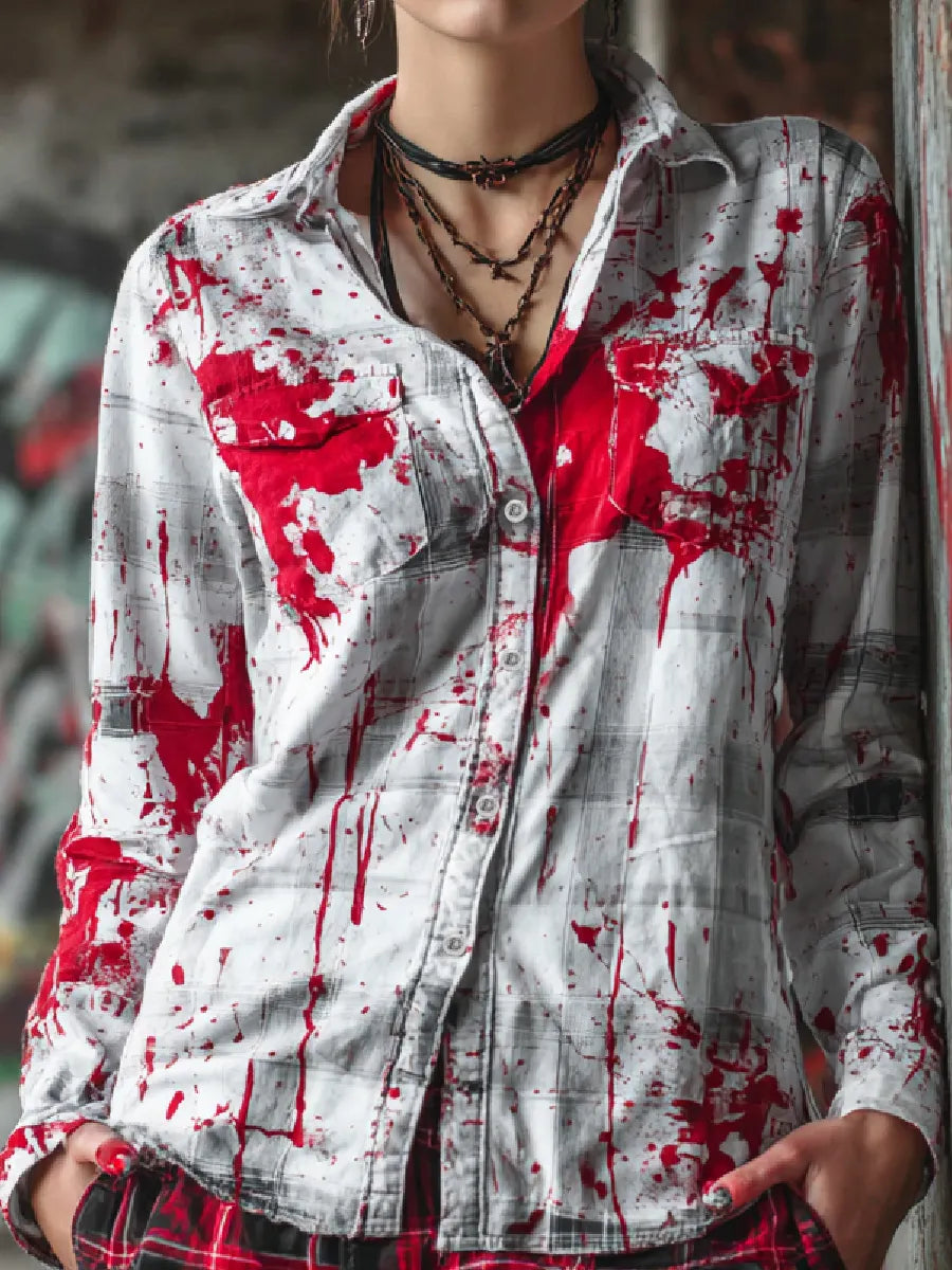 Bloodstained Vintage Check Art Long Sleeve Button-Down Shirt