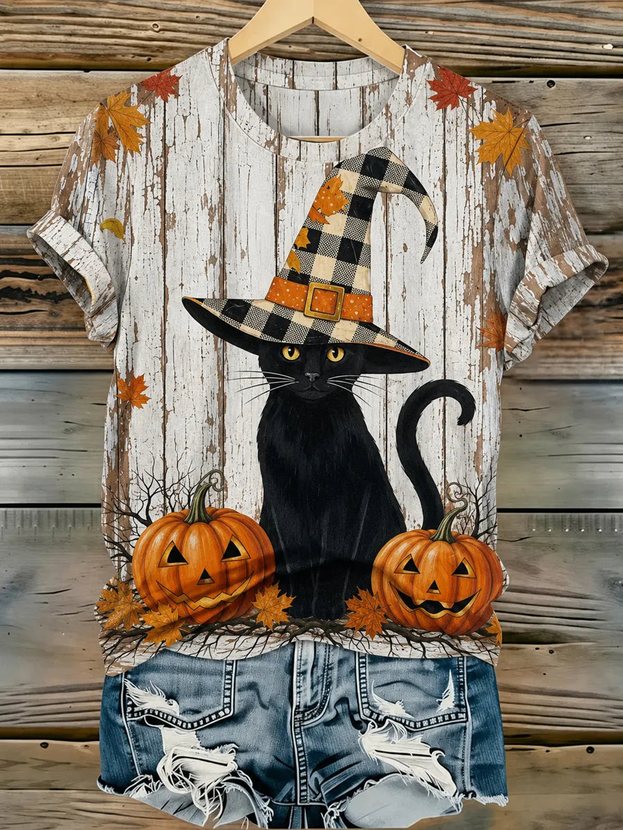 Women's Halloween Cat Print Casual T-Shirt