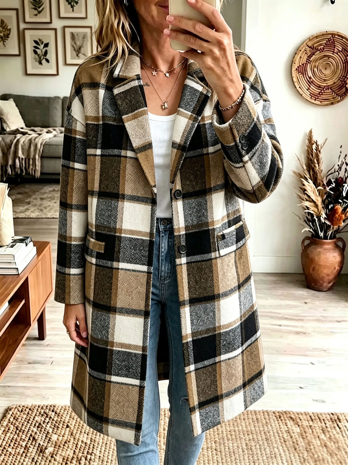 Women Plaid Notched Lapel Mid‐Length Wool Blend Coat, Casual Button Down Oversized Outerwear