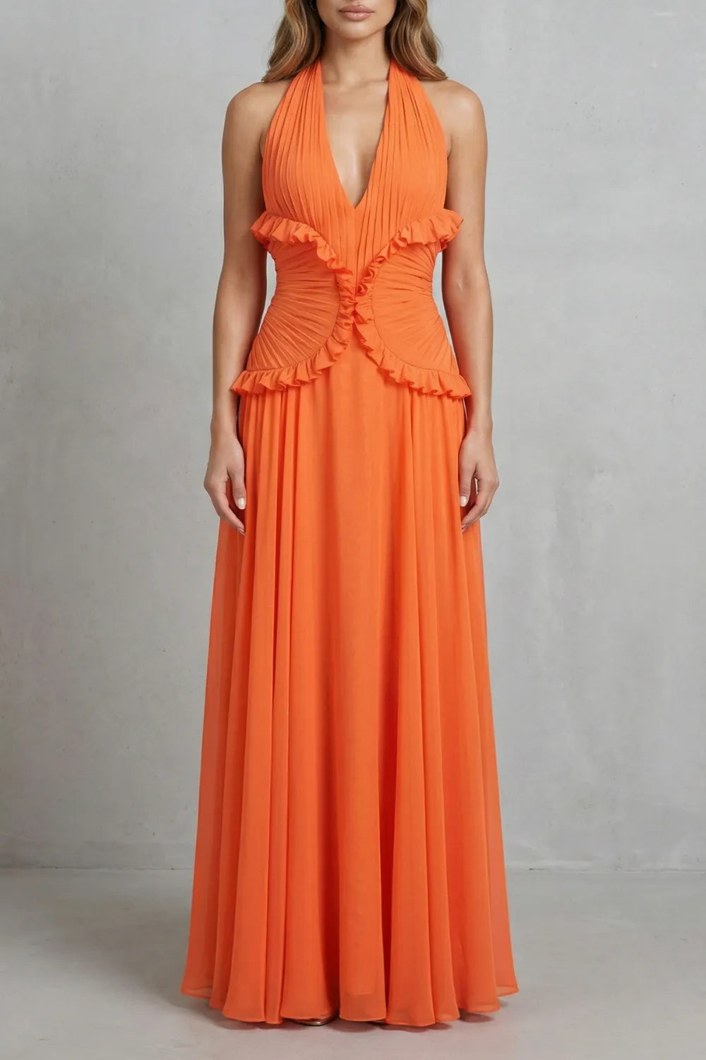 Sunset romance – Women’s Halter Ruffle A-Line Maxi Dress