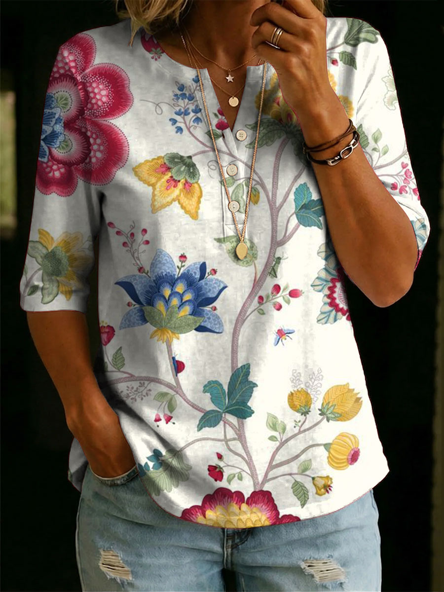 Women’s Floral Pattern Art Casual Classic Henley Collar 100% Cotton T-shirt