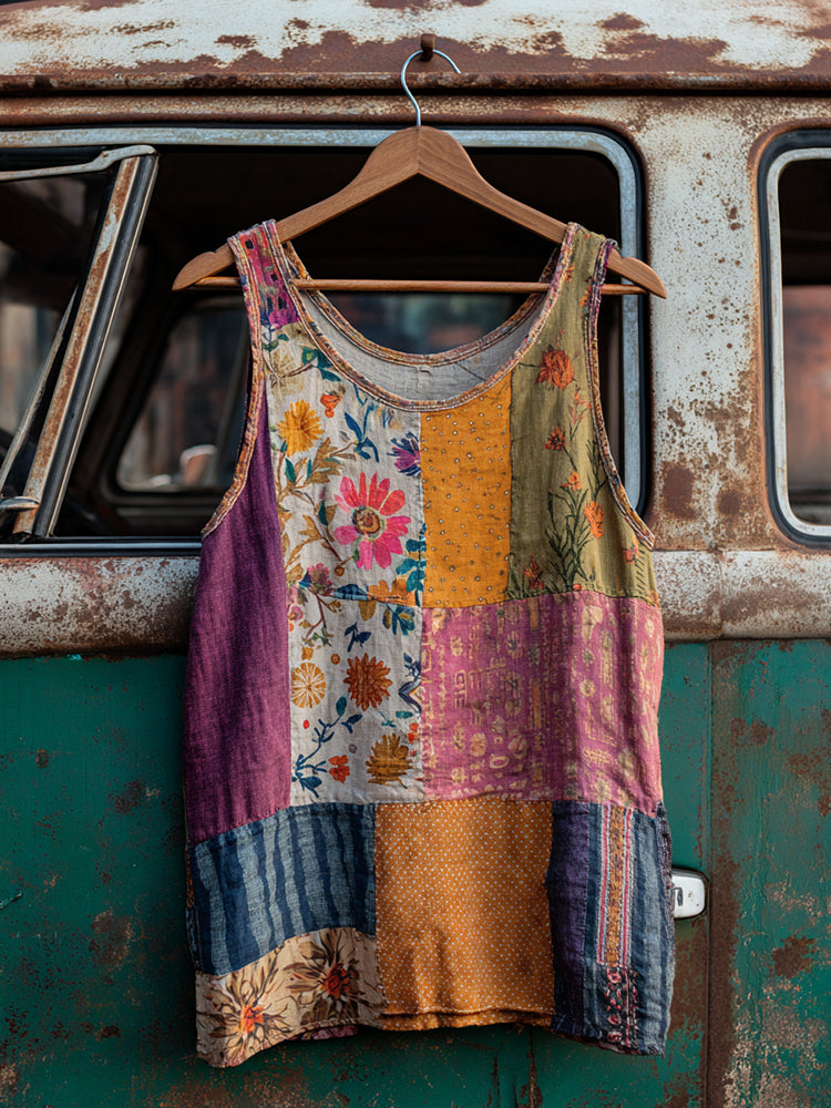 Countryside Style Collection Classy Patchwork Floral Pattern Art Linen Tank Top