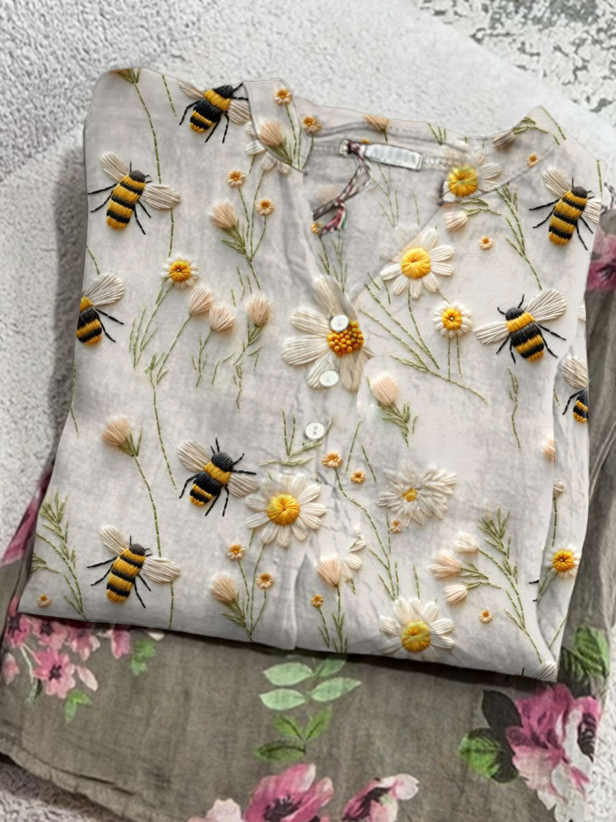 Women's Vintage Flower Bee Art Print Casual Cotton And Linen  Shirt