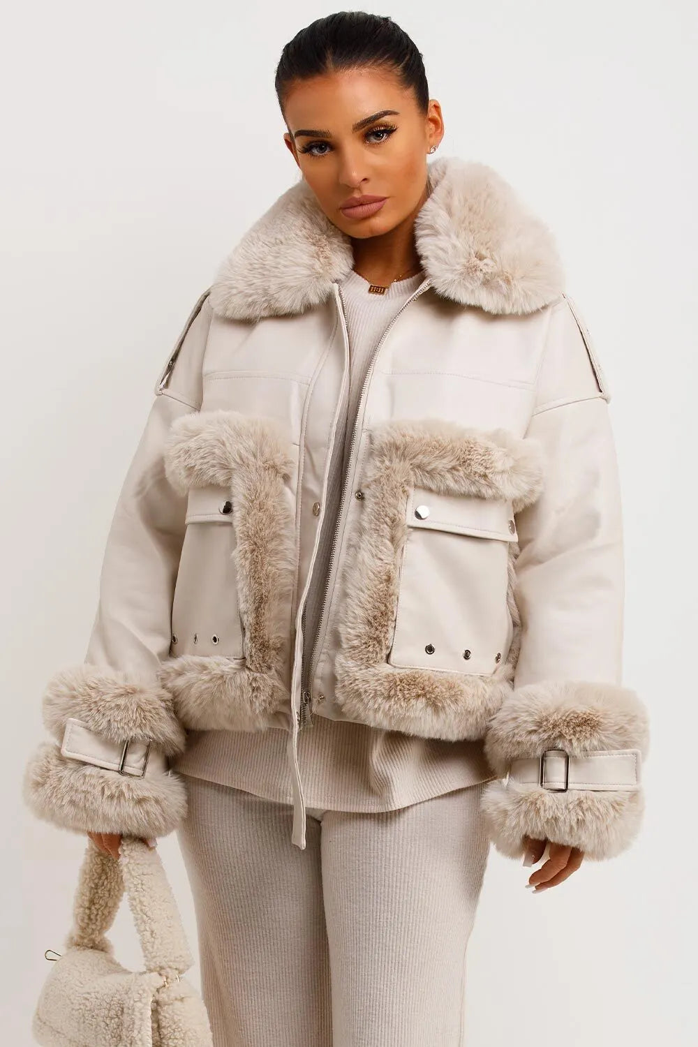 Faux Fur Trim Faux Leather Jacket Beige
