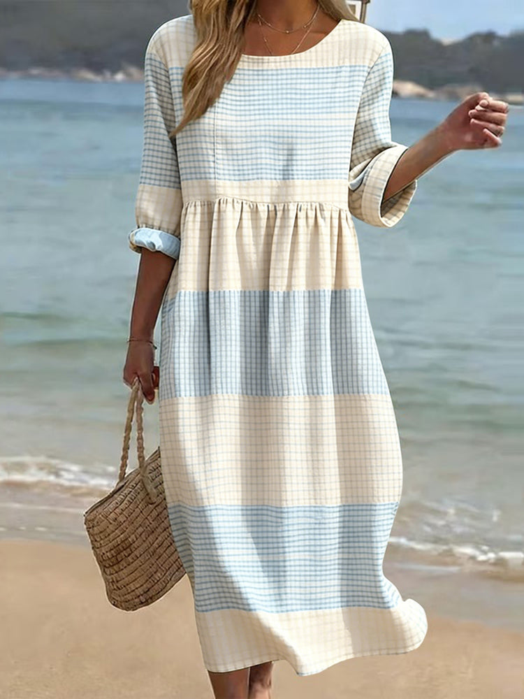 Women's Japanese Color Block Art Linen-blend Maxi Dress