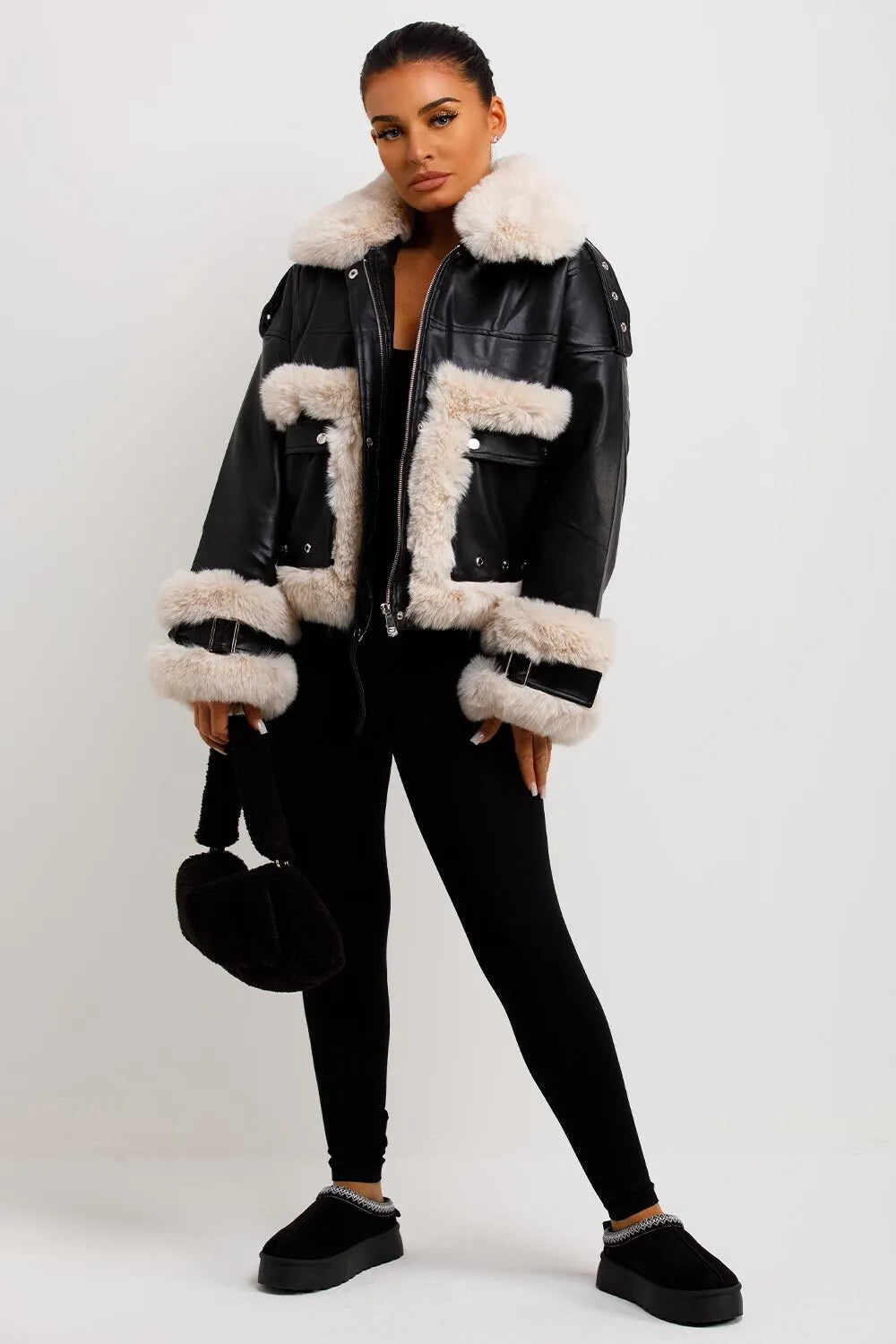 Faux Fur Trim Faux Leather Jacket Black