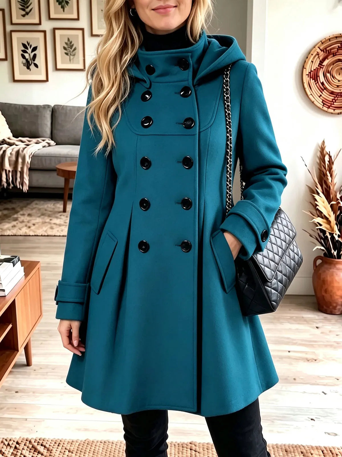 Hooded Double‐Breasted A‐Line Wool Blend Coat, Women Swing Winter Outerwear