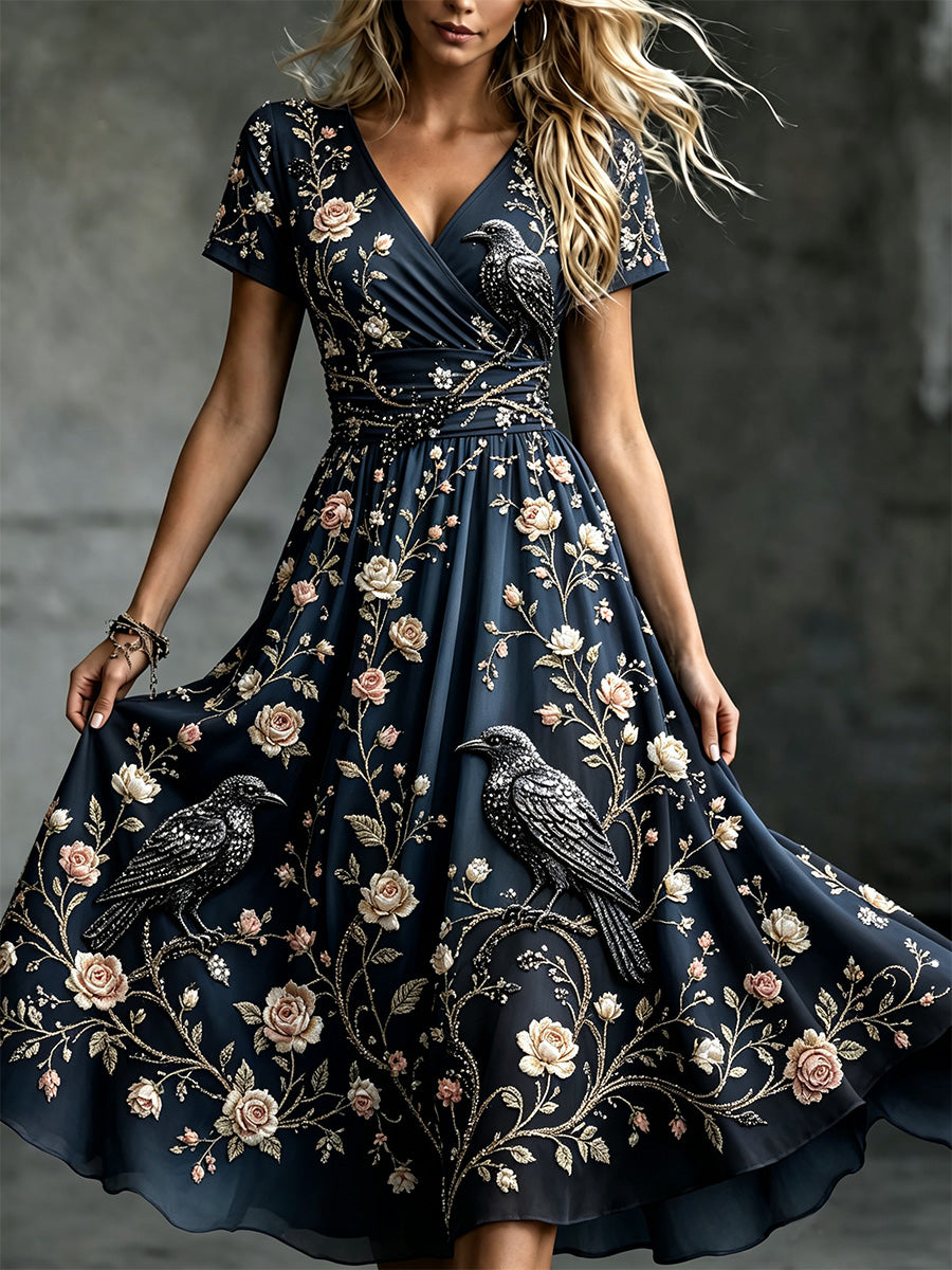 Women's Vintage Raven Floral Print V-Neck Casual Dress