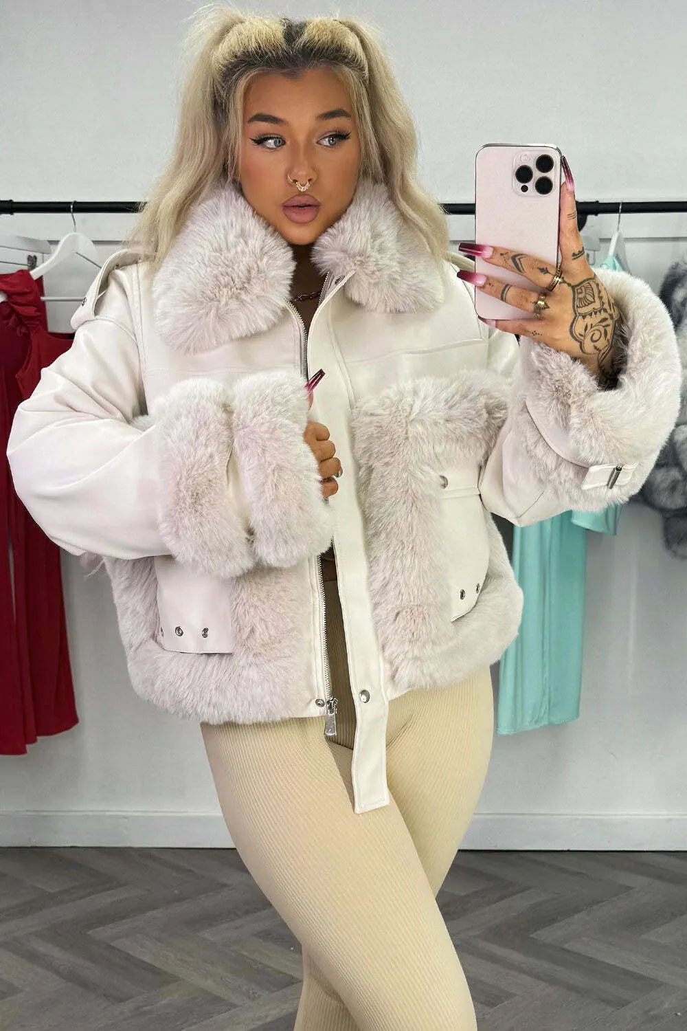 Faux Fur Trim Faux Leather Jacket Beige