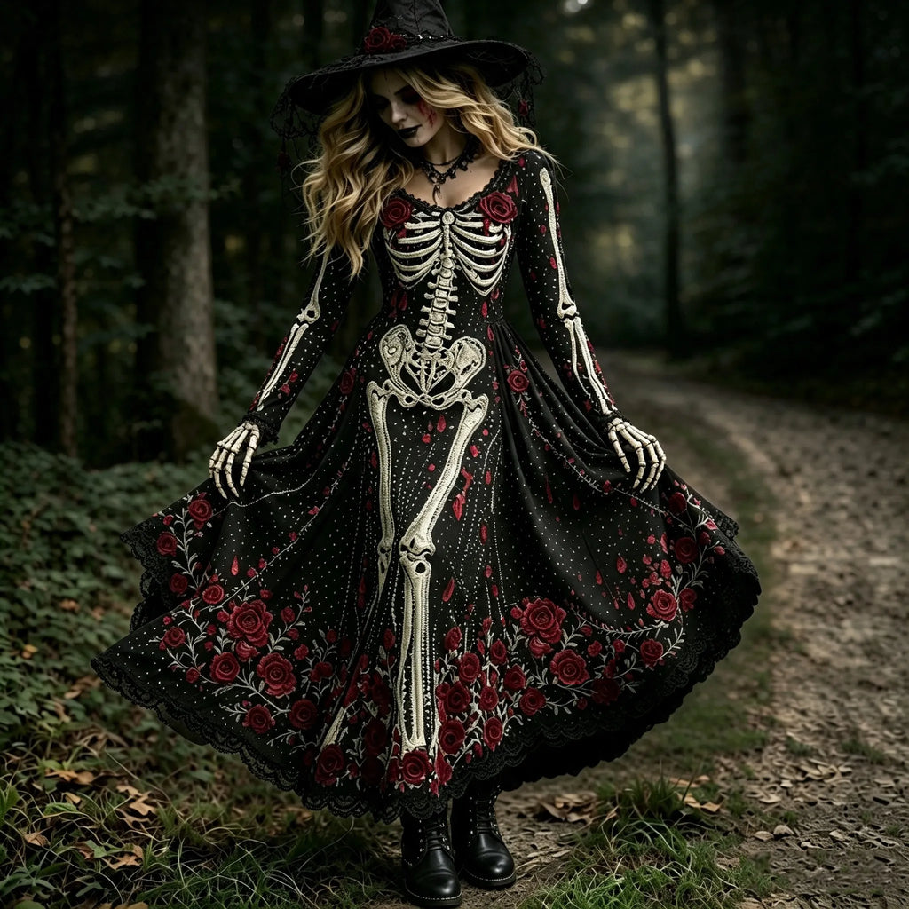 Women's Retro Halloween Style Skull, Rose, And Spiderweb Print Dress