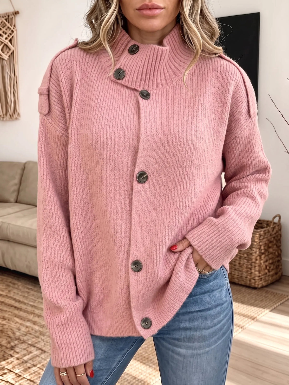 Stand Collar Button‐Down Shoulder Detail Knit Cardigan