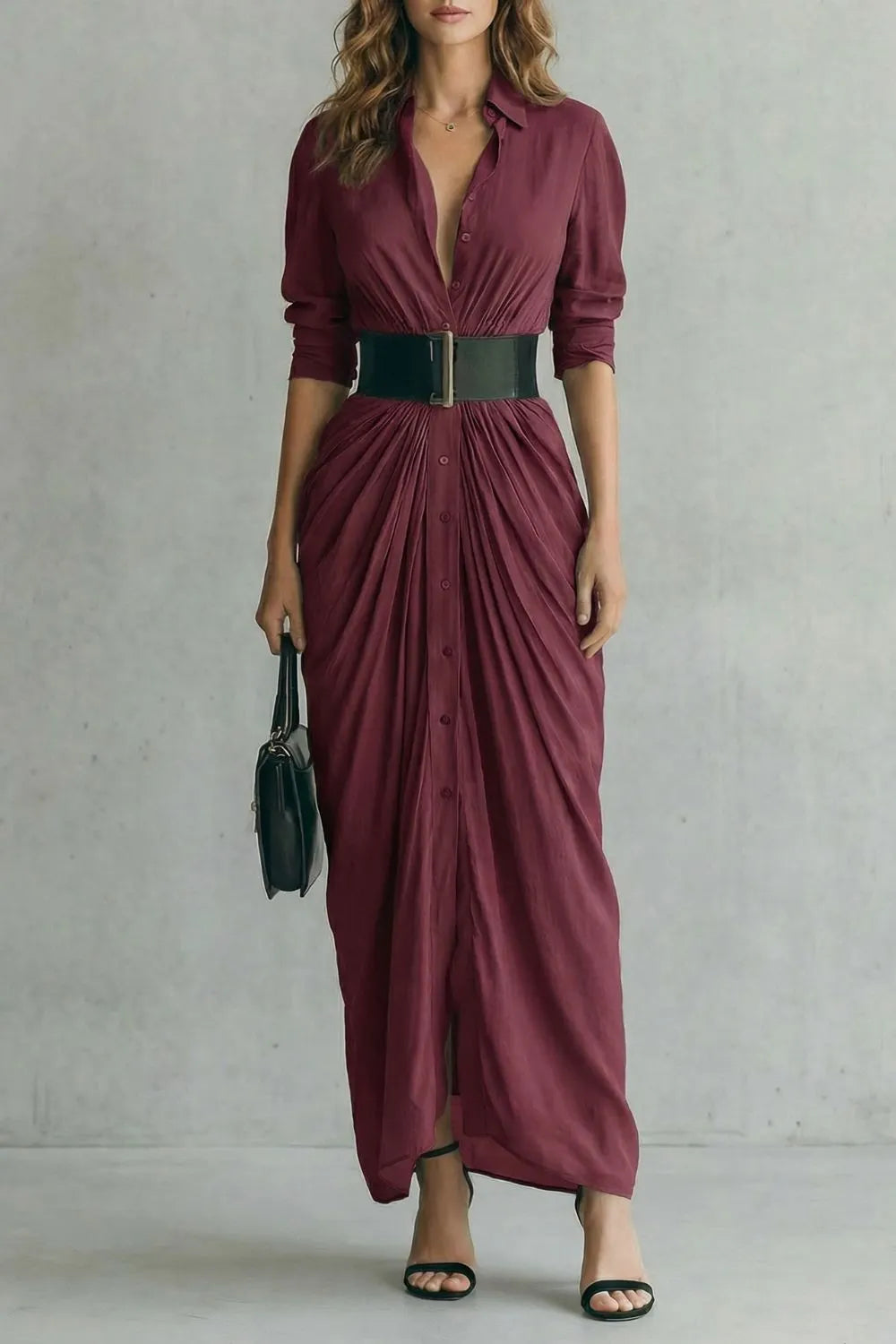 Pleated waist drama – Maxi shirt dress (includes belt)