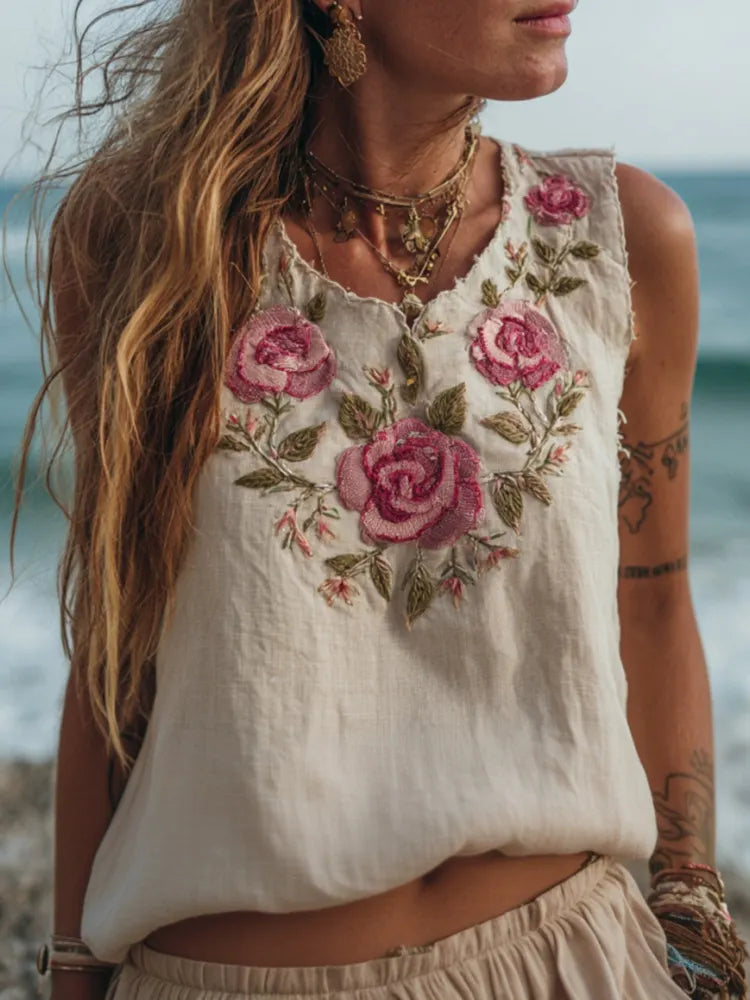 Women's Vintage Floral Embroidery Art Linen Comfy Sleeveless Top